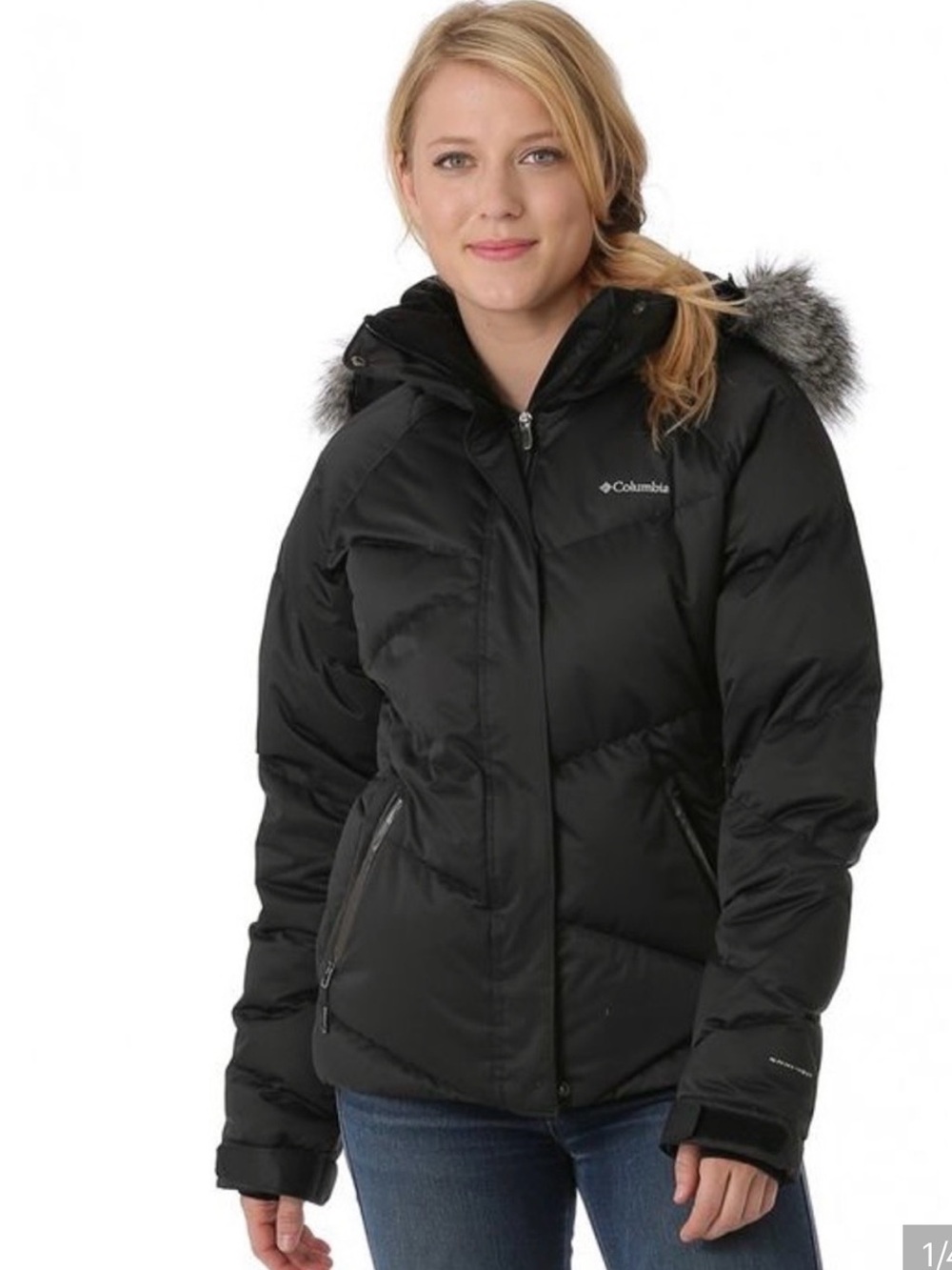 Columbia Black Puffer Duck down Jacket with Faux Fur Hood Trim